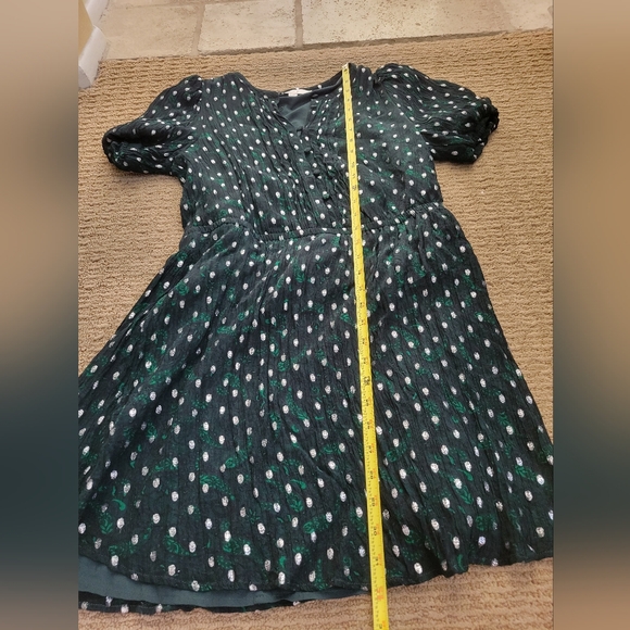 LOFT metallic foil pattern emerald green silver festive party dress puff sleeve - Picture 3 of 15